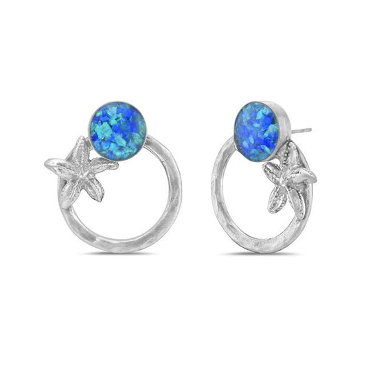 Blue Opal Stone With Silver Star fish Handmade Earrings