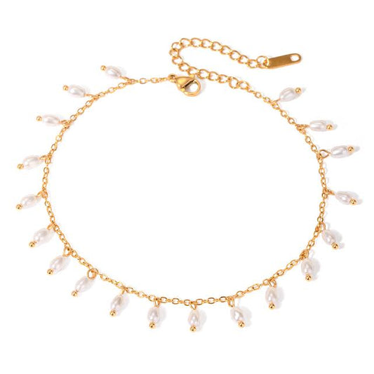 Gold Plated Anklet With White Crystal Pearls