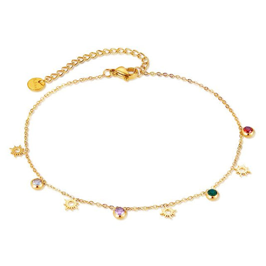 18k Gold Plated Bohemian Colored Zircon Ethnic Style Anklet with Round Glass Pendant
