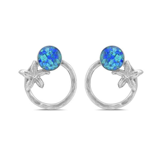 Blue Opal Stone With Silver Star fish Handmade Earrings
