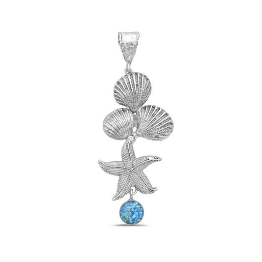 Ocean Dreams Scallop Shells, Starfish and Blue Created Opal Pendant