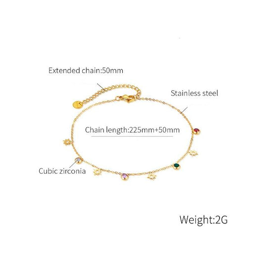18k Gold Plated Bohemian Colored Zircon Ethnic Style Anklet with Round Glass Pendant