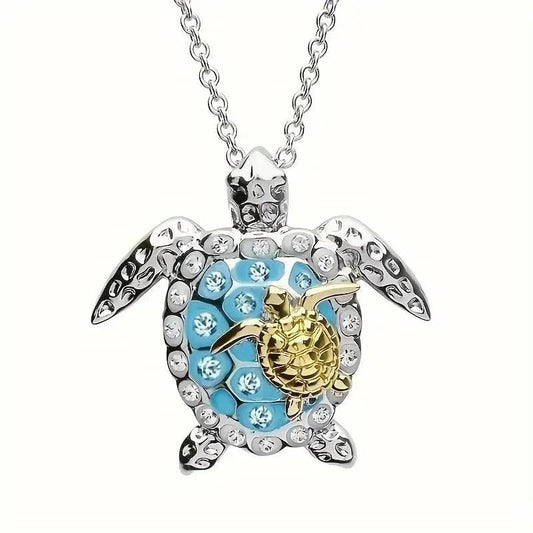 Two Tone Sea Turtle Necklace With Yellow Baby On Back
