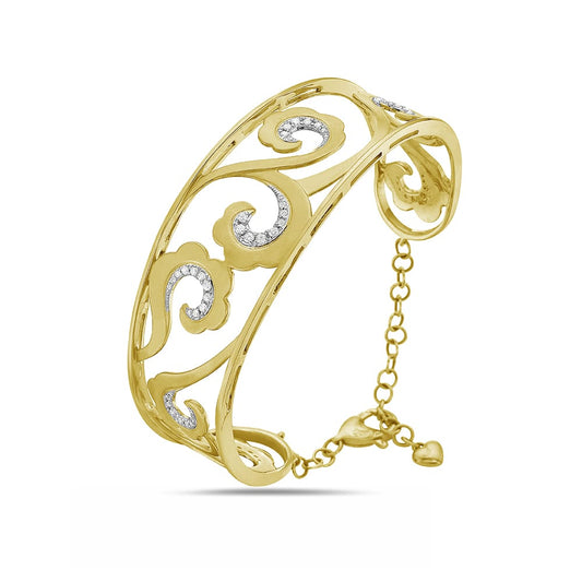 14K 21MM WIDE WAVE BANGLE WITH 62 DIAMONDS 0.45CT WITH SAFETY CHAIN