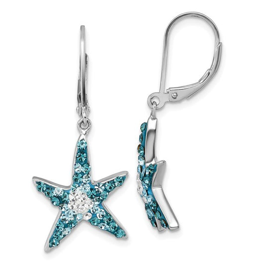 Sterling Silver Rhodium-Plated Polished Crystal Starfish Lever Back Earrings