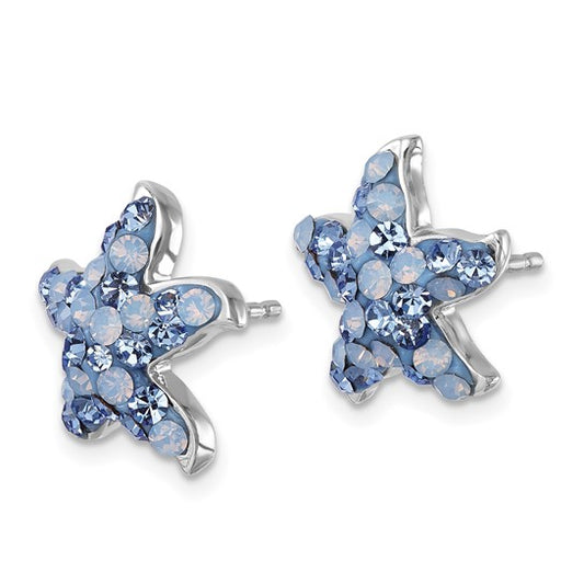 Sterling Silver Rhodium-plated Polished Blue Crystal Starfish Post Earrings