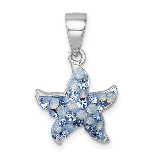 Sterling Silver Rhodium-plated Polished Blue Crystal Starfish Pendant