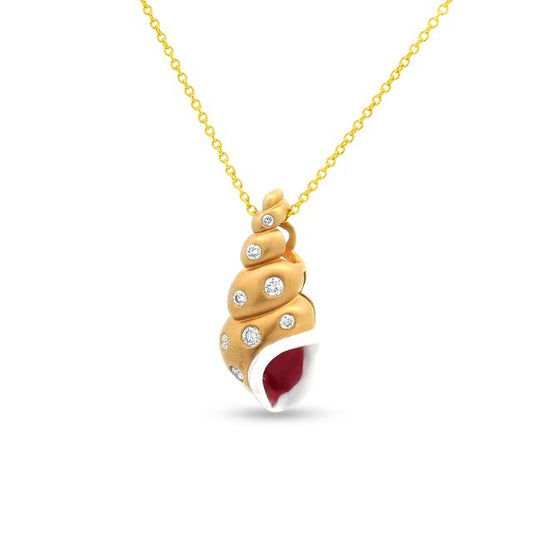 14K 21X9MM CONCH SHELL PENDANT WITH 8 DIAMONDS 0.11CT & WHITE & RED ENAMEL ON 18 INCHES 1.5G CABLE CHAIN