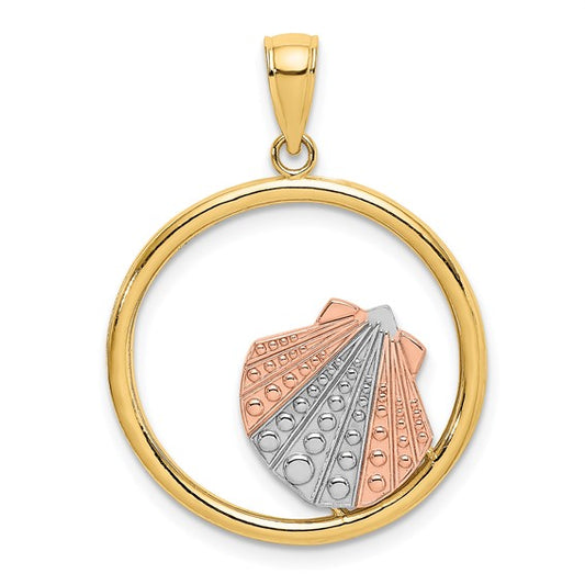 14K Two-tone with White Rhodium Scallop Shell In Circle Charm