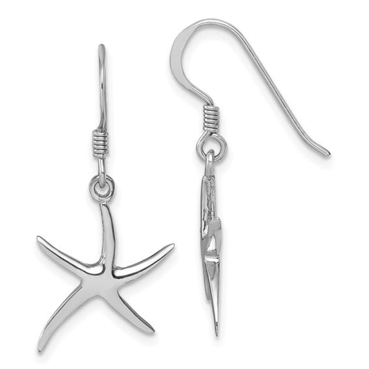 Sterling Silver Rhodium-plated Polished Starfish Dangle Earring