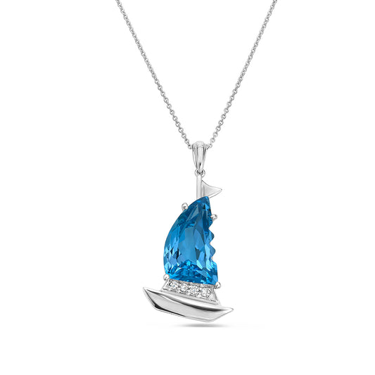 14K 29X18MM SAILBOAT PENDANT WITH 1 BLUE TOPAZ 9.81CT & 4 DIAMONDS 0.08CT ON 18 INCHES CABLE CHAIN