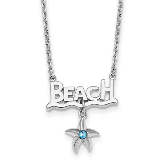 Sterling Silver Rhodium-plated Polished Crystal Starfish Beach 16" with a 2 inch extension Necklace