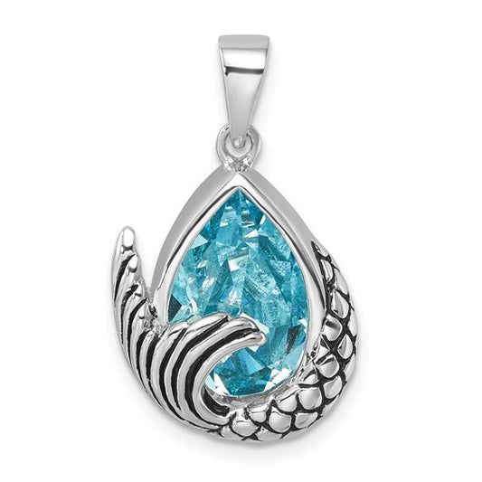 Sterling Silver Rhodium-Plated Polished and Antiqued Crystal Mermaid Tail Pendant
