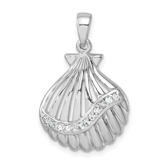 Sterling Silver Rhodium-plated Polished CZ Scallop Shell Pendant