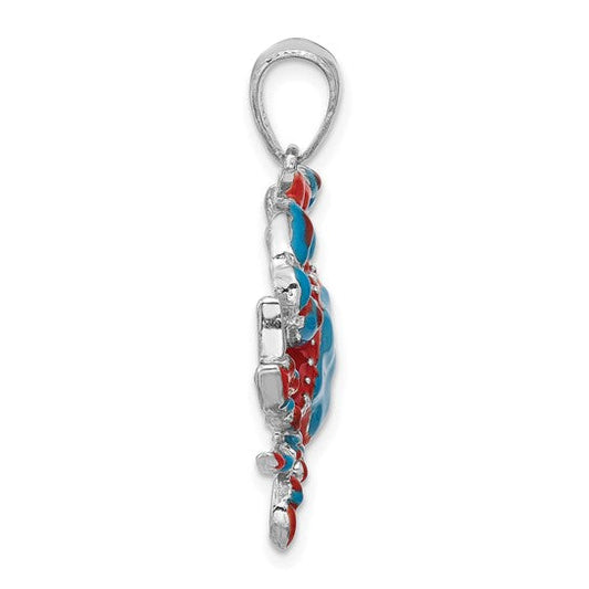 Sterling Silver Rhodium-Plated Polished Enameled Blue Crab Pendant