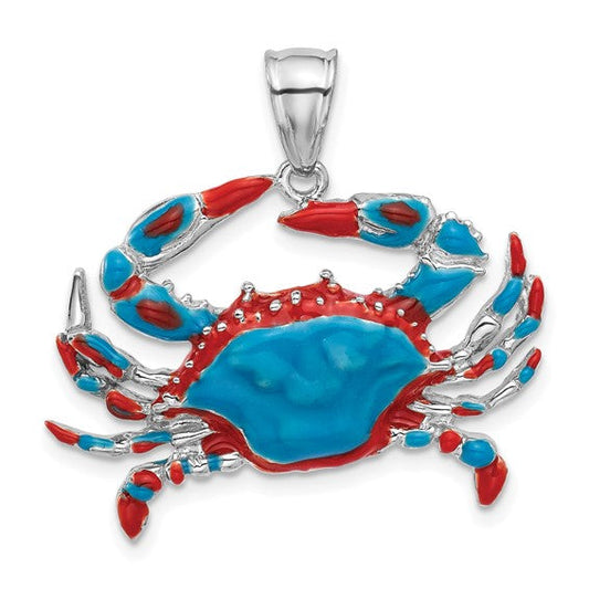 Sterling Silver Rhodium-Plated Polished Enameled Blue Crab Pendant