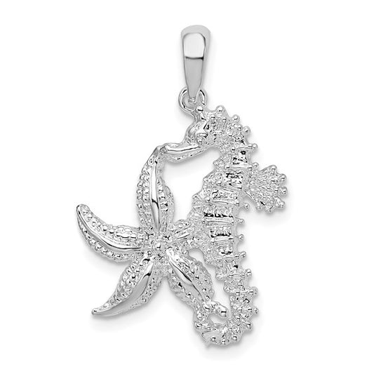 Sterling Silver Rhodium-Plated Polished Starfish and Seahorse Pendant