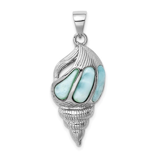 Sterling Silver Rhodium-plated Polished and Antiqued Larimar Shell Pendant