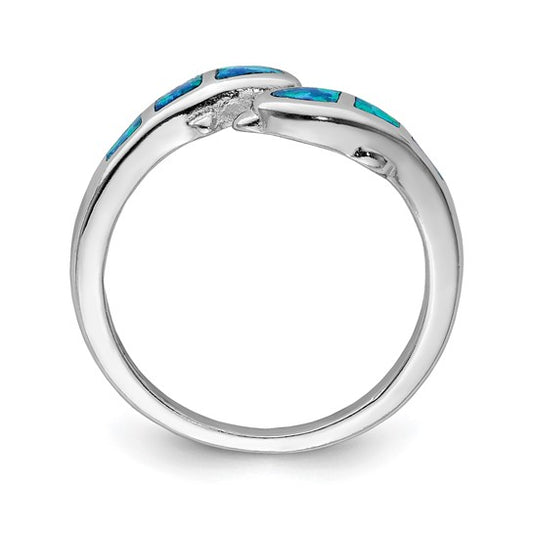 Sterling Silver Rhodium Created Blue Opal Dolphins Ring