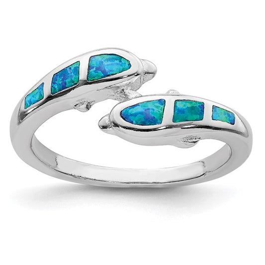 Sterling Silver Rhodium Created Blue Opal Dolphins Ring