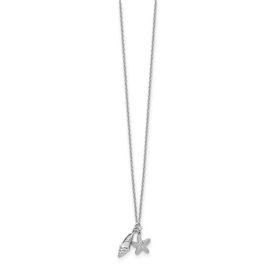 White Ice Sterling Silver Rhodium-plated 18 Inch Diamond Shell and Starfish Necklace with 2 Inch Extender