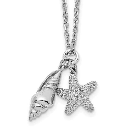 White Ice Sterling Silver Rhodium-plated 18 Inch Diamond Shell and Starfish Necklace with 2 Inch Extender