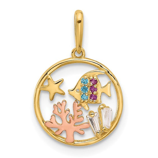 14K with Rose Rhodium Polished Multicolor CZ Sea Life Pendant