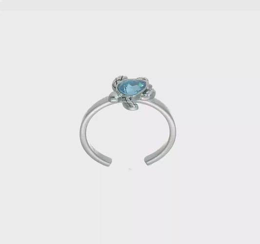Sterling Silver Rhodium-plated Antiqued Adjustable Turtle Crystal Inlay Ring