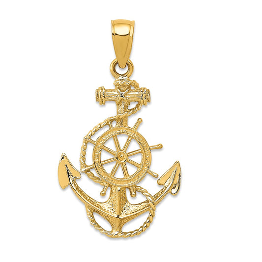 SEAFARING 14K YELLOW GOLD ANCHOR AND WHEEL PENDANT