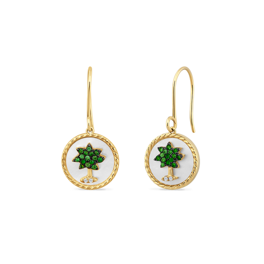 14K PALM TREE EARRINGS WITH DIAMONDS, GREEN GARNETS & MOTHER OF PEARLS