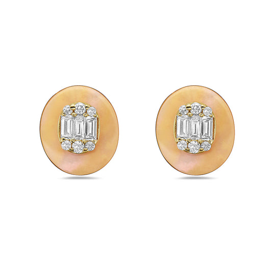 14K YELLOW MOTHER OF PEARL STUD EARRINGS WITH 18 DIAMONDS 0.133CT AND 6 BAGUETTE DIAMONDS