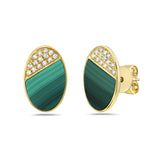 14K OVAL MALACHITE EARRINGS WITH 28 DIAMONDS 0.09CT, 12X8MM