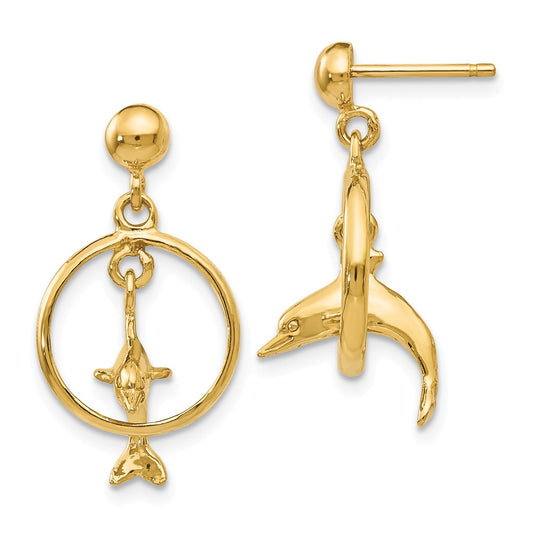 14K POLISHED 3-D DOLPHIN JUMPING THROUGH HOOP DANGLE EARRINGS
