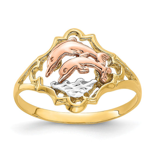 14K YELLOW AND ROSE GOLD W/ RHODIUM DOUBLE DIVING DOLPHINS RING