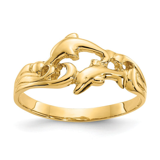 14K DIVINE DOUBLE DOLPHINS DANCING ON WAVES RING