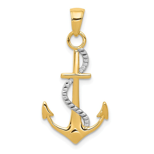 TWO-TONE 14K GOLD AND RHODIUM ANCHOR AND ENTWINED ROPE PENDANT