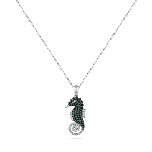 14K SEAHORSE PENDANT WITH 38 DIAMONDS 0.13CT & 48 BLUE DIAMONDS 0.35CT ON 18 INCHES CHAIN