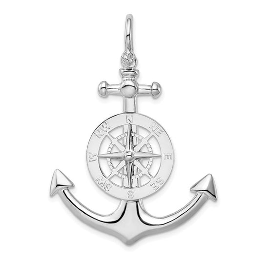 STERLING SILVER POLISHED 3D LARGE ANCHOR WITH COMPASS PENDANT