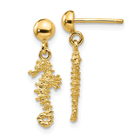 14K 3-D MINI SEAHORSE DANGLE POST EARRINGS