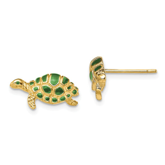 14K SWIMMING SEA TURTLE W/GREEN ENAMEL EARRINGS