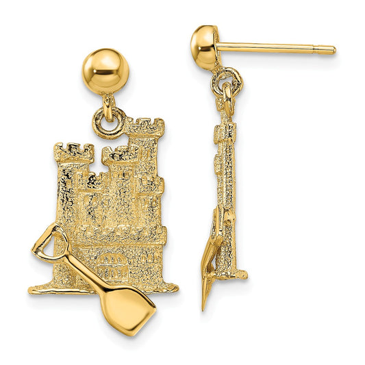 14K 3-D SANDCASTLE W/ SHOVEL DANGLE EARRINGS