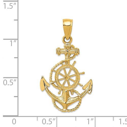 SEAFARING 14K YELLOW GOLD ANCHOR AND WHEEL PENDANT