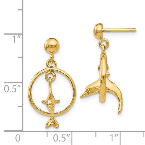 14K POLISHED 3-D DOLPHIN JUMPING THROUGH HOOP DANGLE EARRINGS