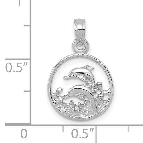 14K WHITE GOLD DOUBLE DOLPHIN CIRCLE PENDANT