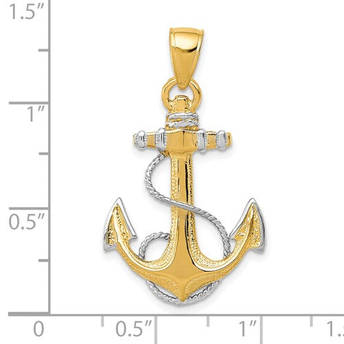 TWO-TONE 14K YELLOW GOLD AND RHODIUM TWISTED ROPE AND ANCHOR PENDANT