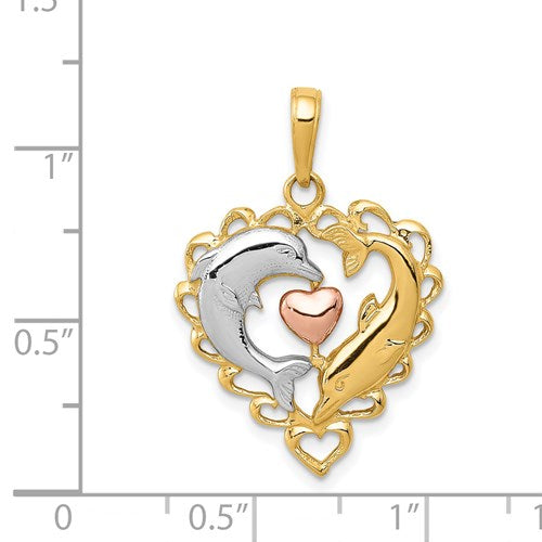 14K TWO-TONE WITH WHITE RHODIUM DOLPHINS IN HEART PENDANT
