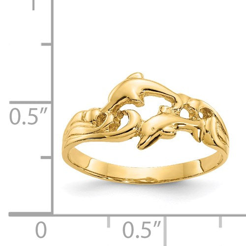 14K DIVINE DOUBLE DOLPHINS DANCING ON WAVES RING
