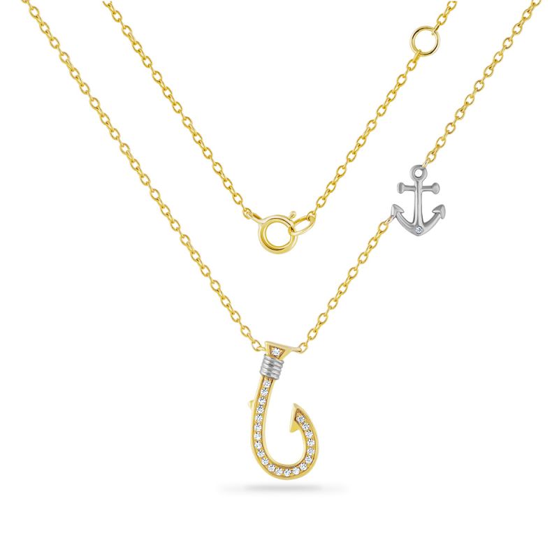 14k Fish Hook Necklace with Anchor Detail on Chain 23 Diamonds