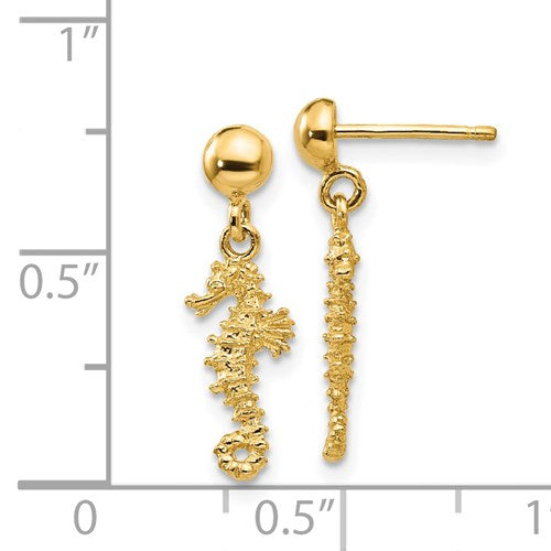 14K 3-D MINI SEAHORSE DANGLE POST EARRINGS