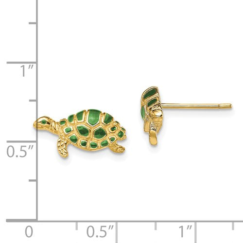 14K SWIMMING SEA TURTLE W/GREEN ENAMEL EARRINGS